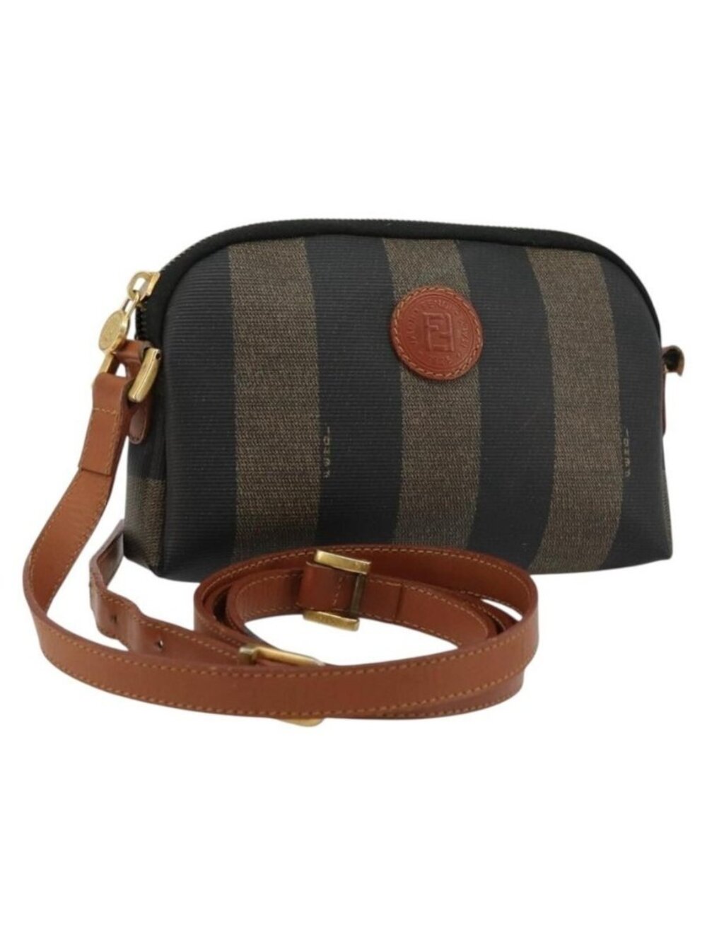 Authentic FENDI Pecan Canvas Shoulder Bag PVC Brown Black gold - Picture 1 of 16